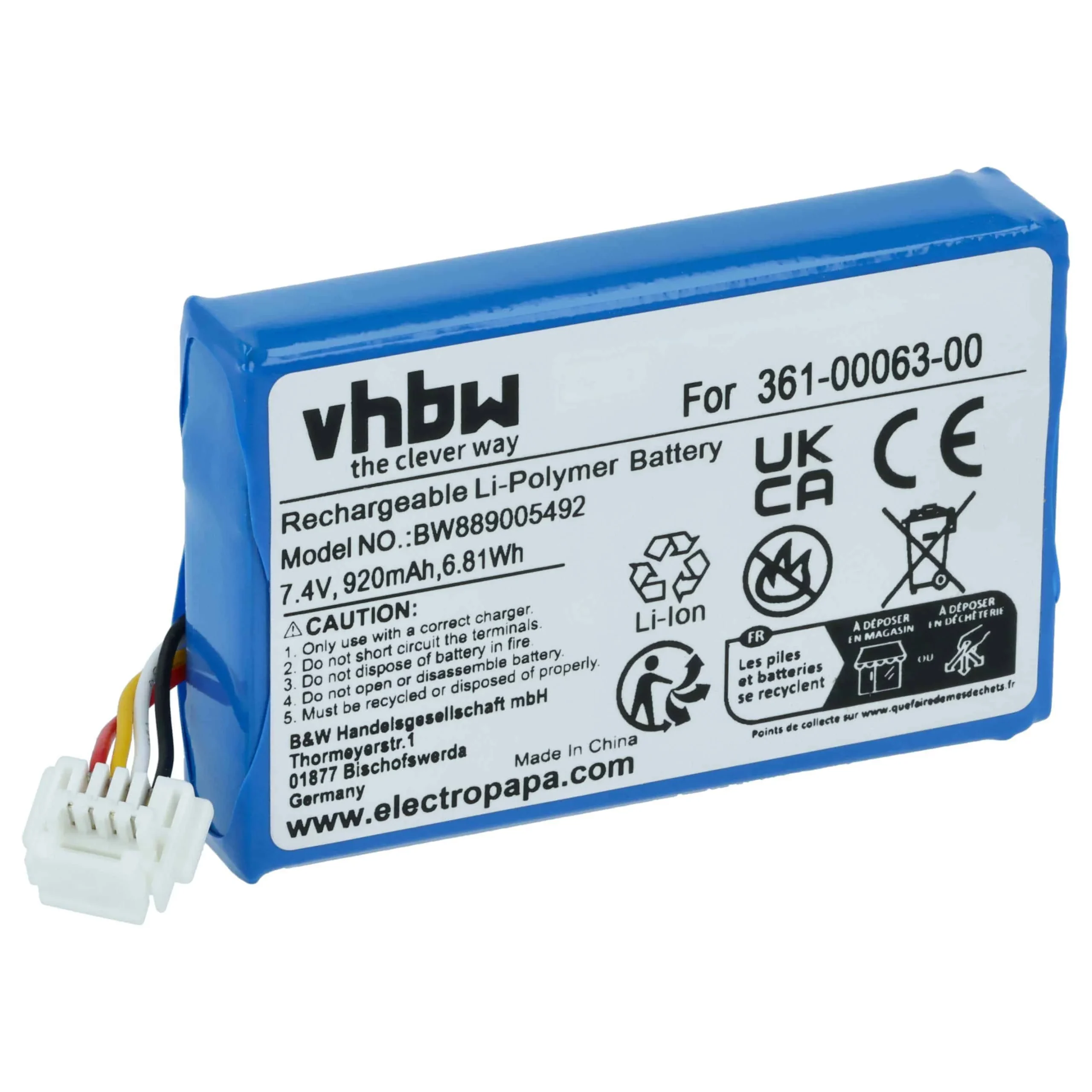 Batterie remplace Garmin 361-00063-00 pour navigation GPS BMW - 920mAh 7,4V Li-polymère