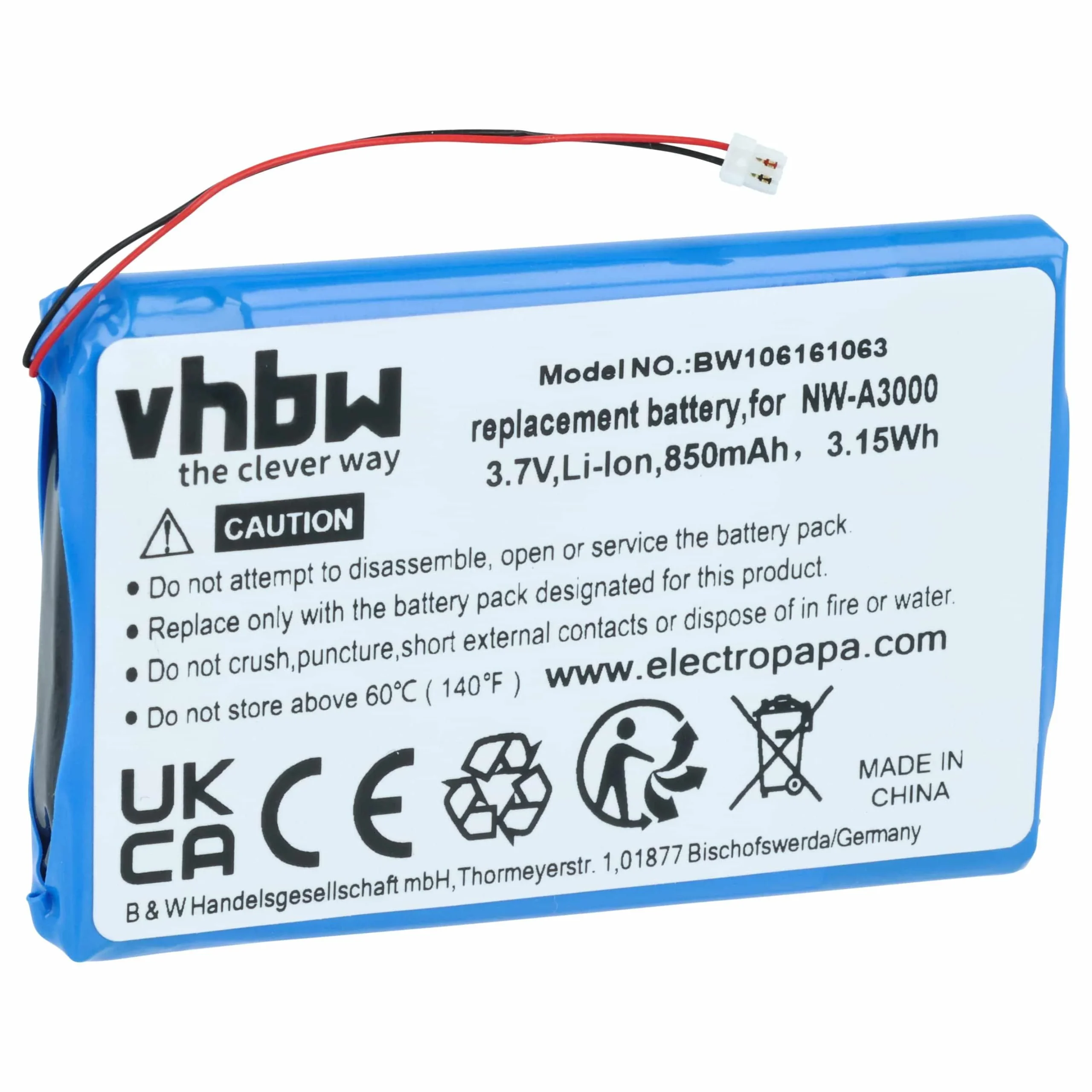 Batterie remplace Sony LIS1356HNPA, 1-756-608-21, 5Y30A1697 pour lecteur MP3 Sony - 850mAh 3,7V Li-ion