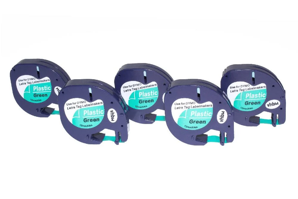5x Cassettes à ruban remplacent Dymo 91204 - 12mm lettrage Noir ruban Vert, plastique