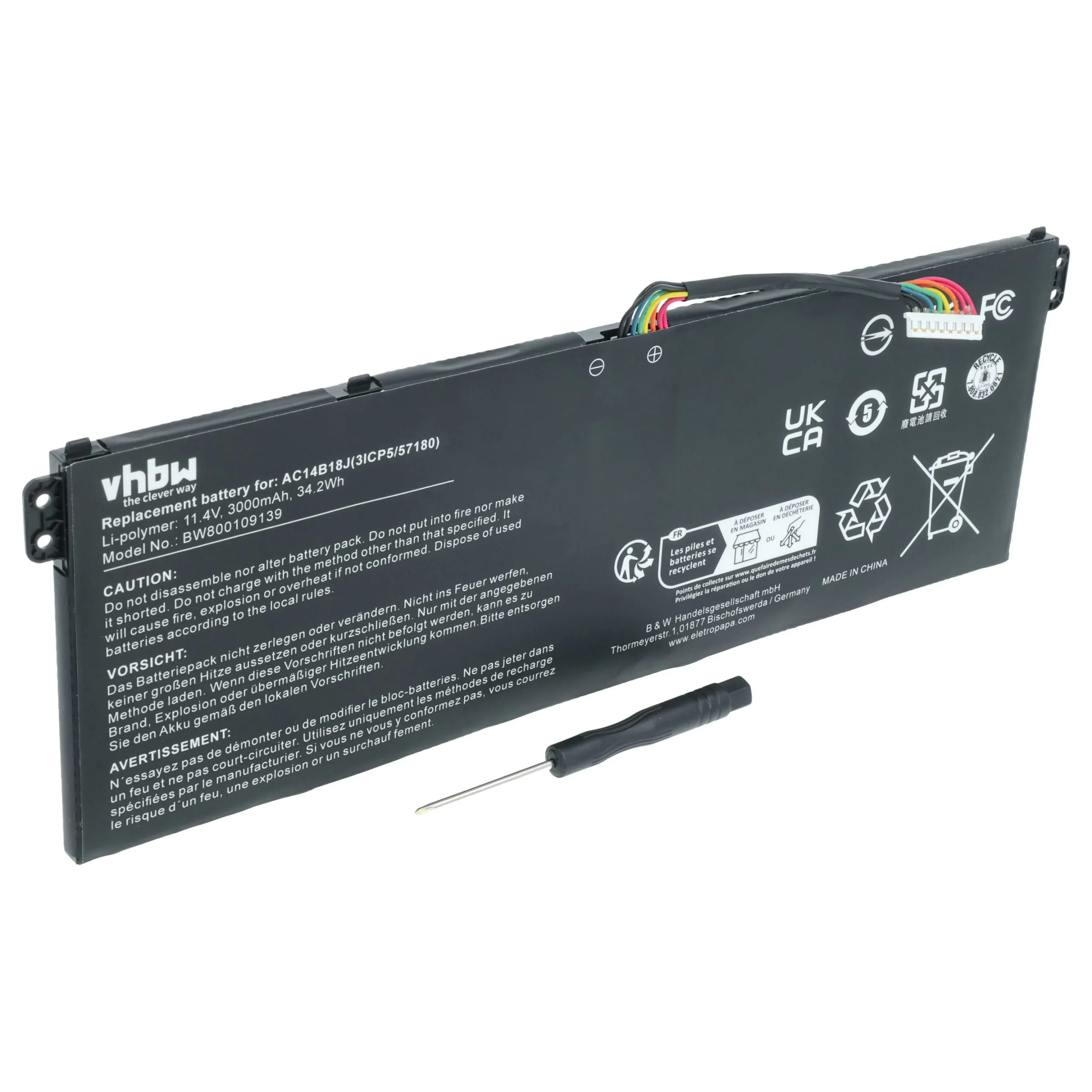 Batterie remplace Acer AC14B13J, 4ICP5/57/80 pour ordinateur portable Gateway- 3000mAh 11,4V Li-polymère