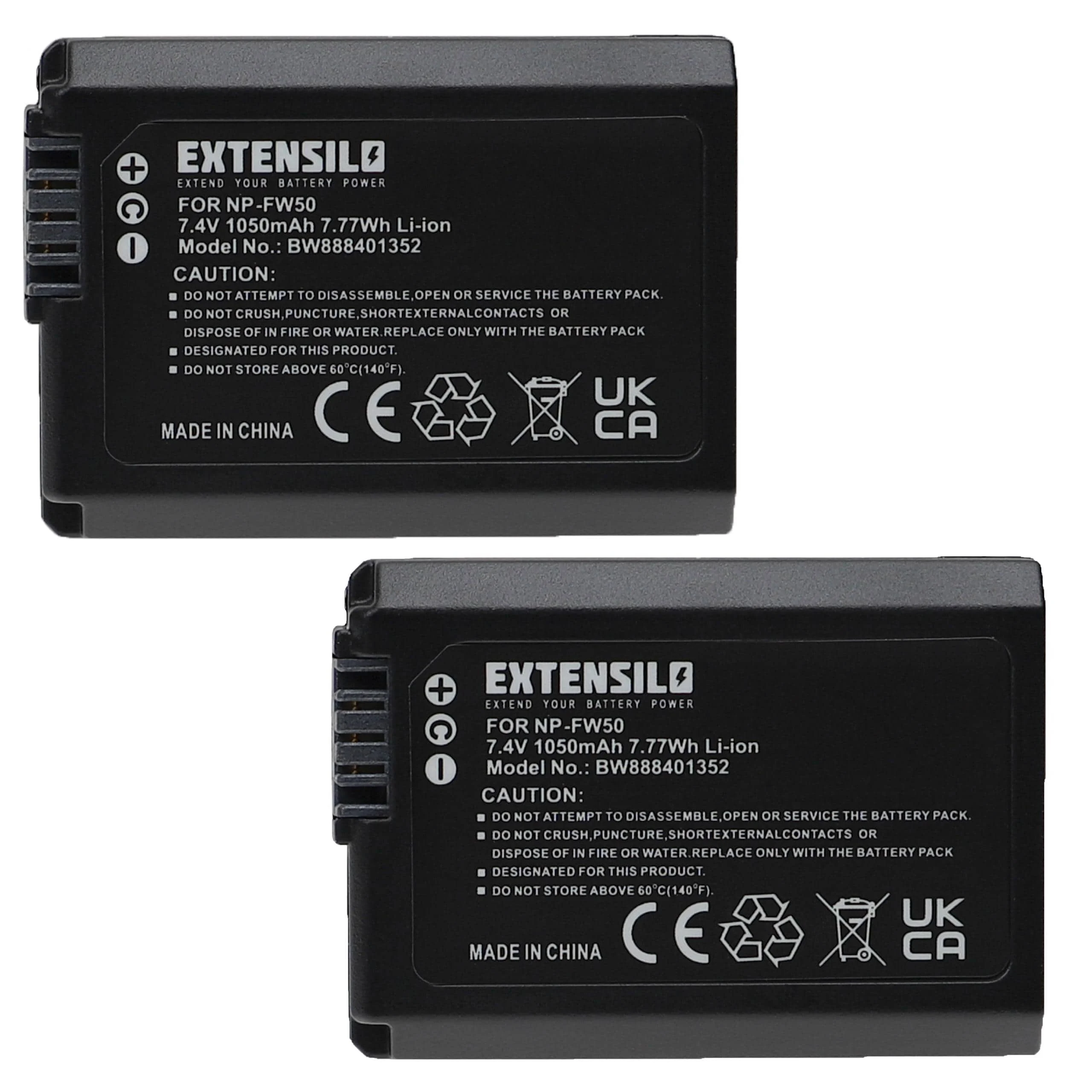 2x Batteries remplace Sony NP-FW50 pour appareil photo Sony- 1050mAh 7,4V Li-ion