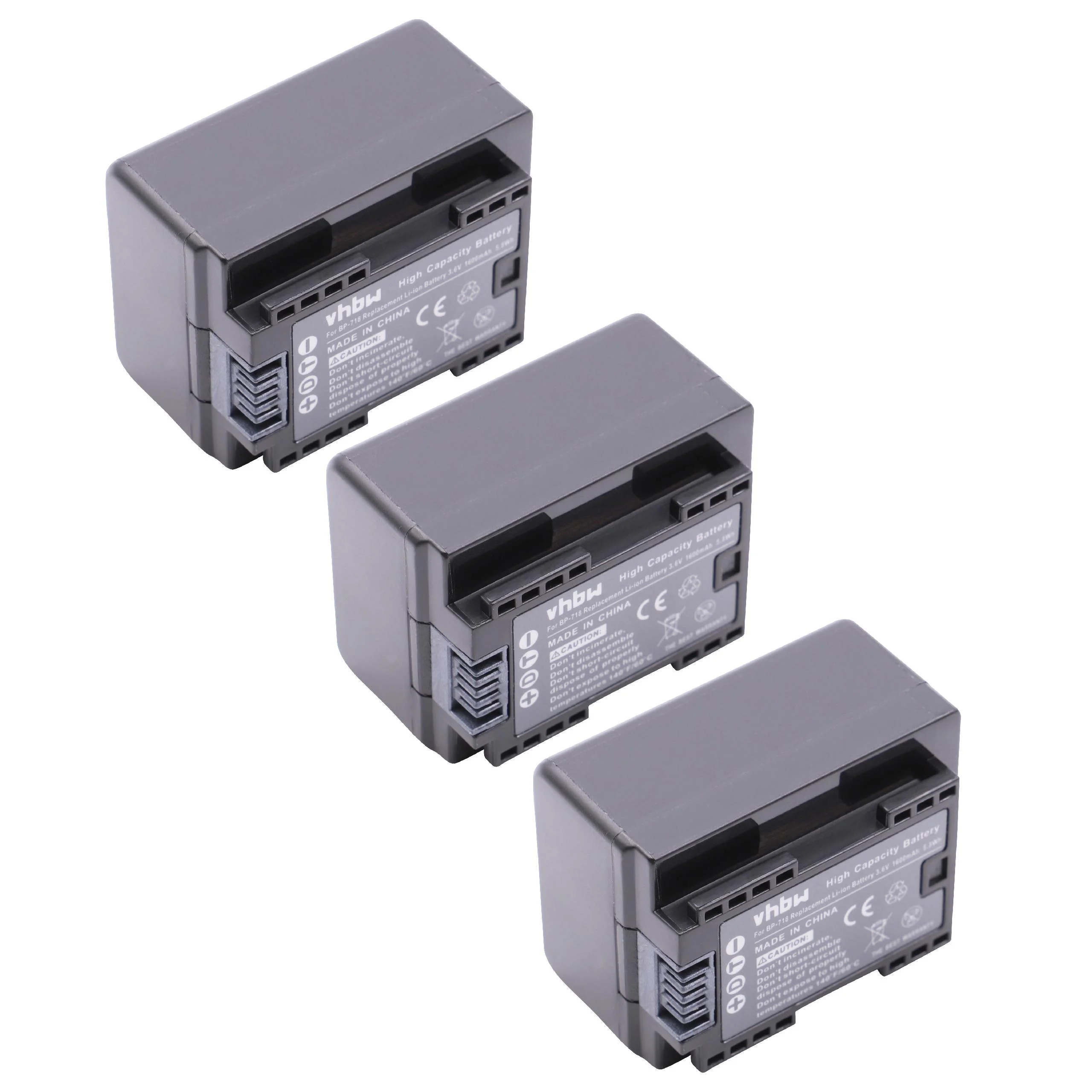 3x Batteries remplace Canon BP-718 pour caméscope Canon- 1600mAh 3,6V Li-ion avec puce