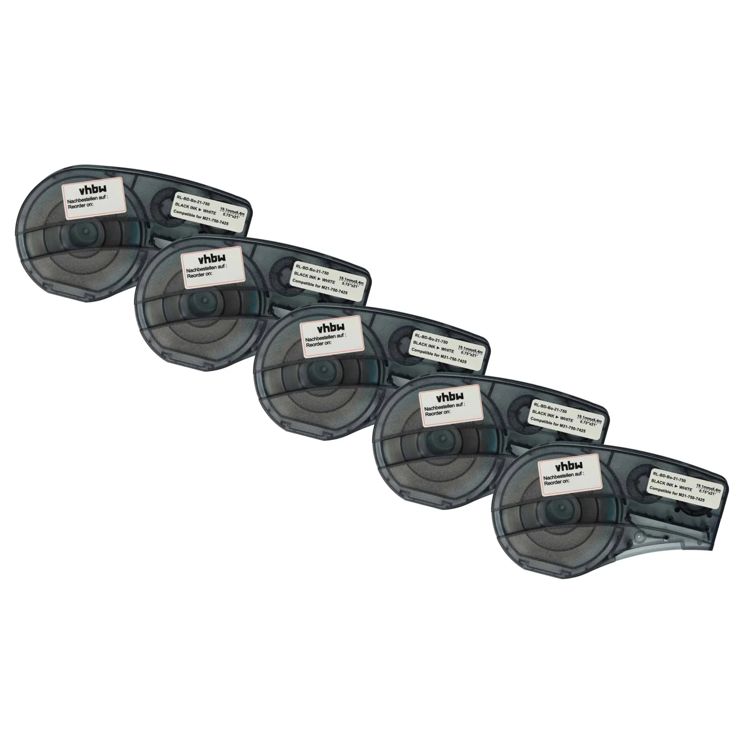 5x Cassettes à ruban remplacent Brady M21-750-7425 - 19,05mm lettrage Noir ruban Blanc, polypropylène