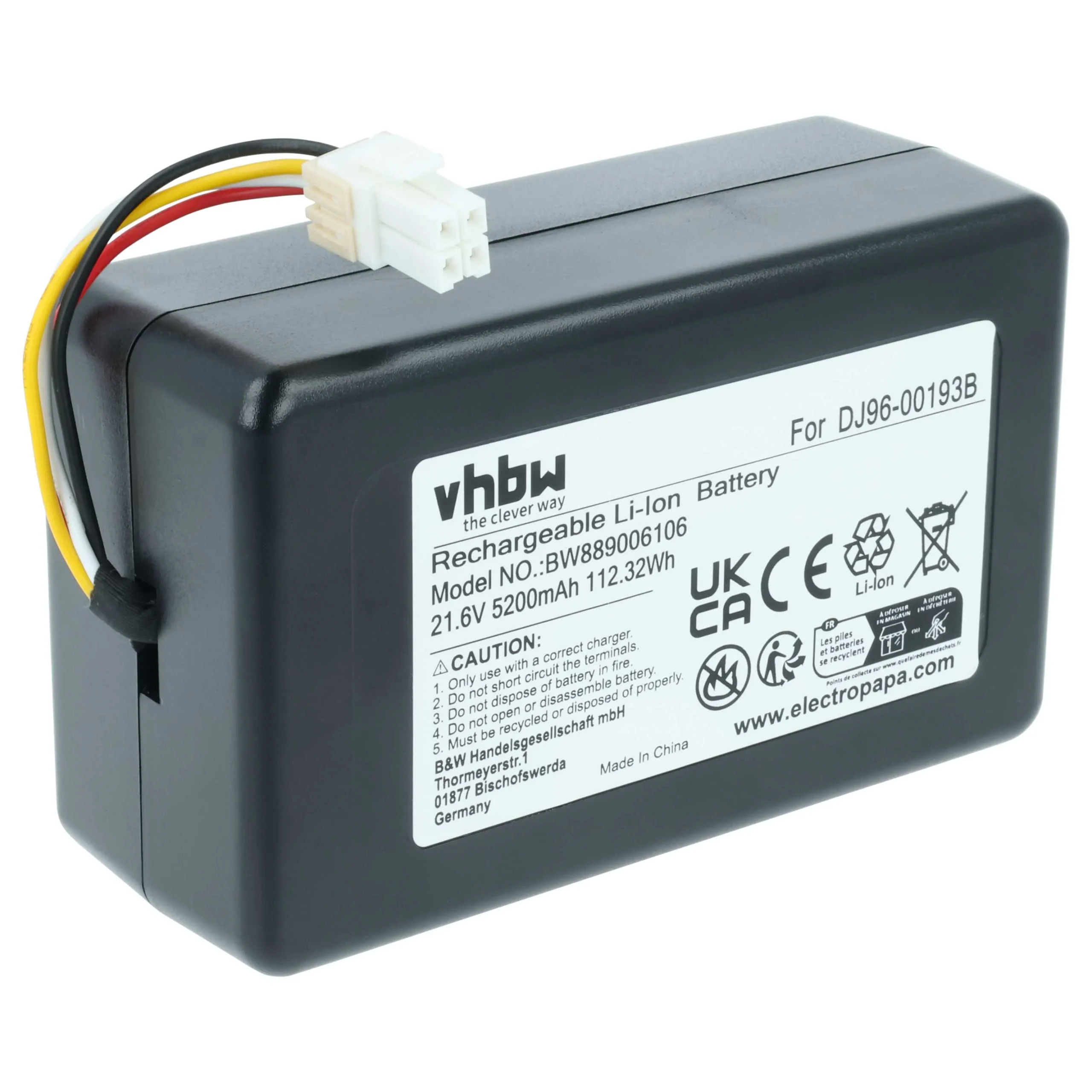 Batterie remplace Samsung DJ68-00741V-00, DJ96-00193B pour robot aspirateur Samsung - 5,2Ah 21,6V Li-ion