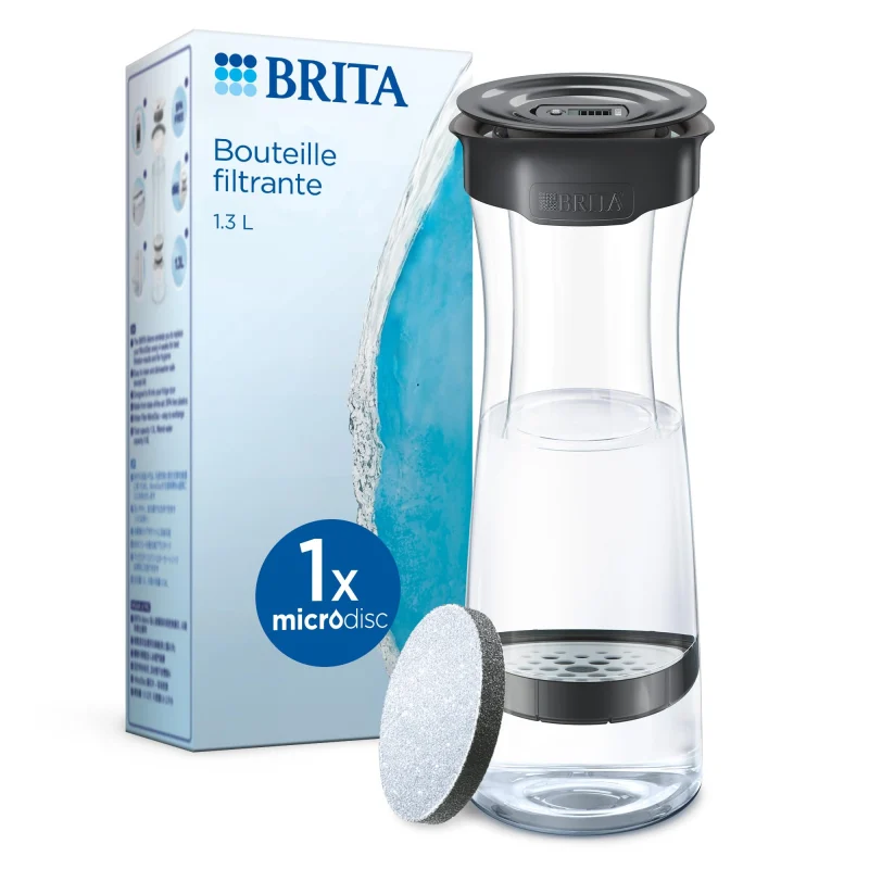 BRITA bouteille filtrante gris foncé (1,3 L), 1 filtre MicroDisc inclus - Réduit** certains PFAS***, le chlore, des particules fines