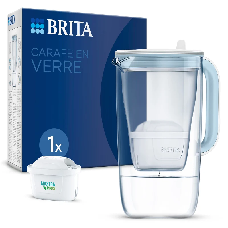 BRITA Carafe Filtrante Verre Bleue (2,5l) incl 1 cartouche filtrante eau robinet MAXTRA PRO All-in-1 réduit PFAS, calcaire, chlore, certaines impuretés et métaux indicateur temps et volume versé