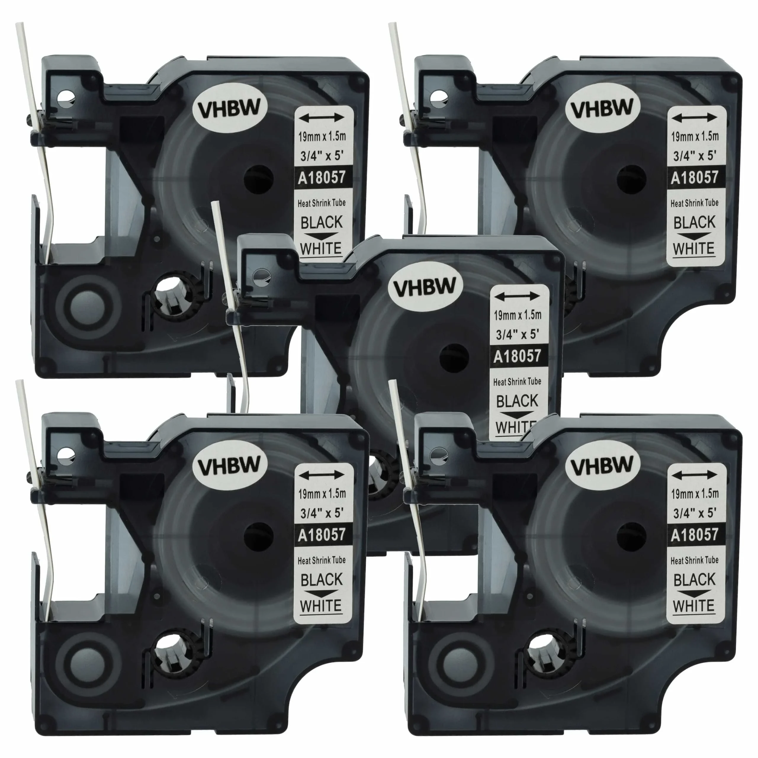 5x Cassettes à ruban remplacent Dymo 18057 - lettrage Noir ruban Blanc, plastique, thermorétractable, 19 mm