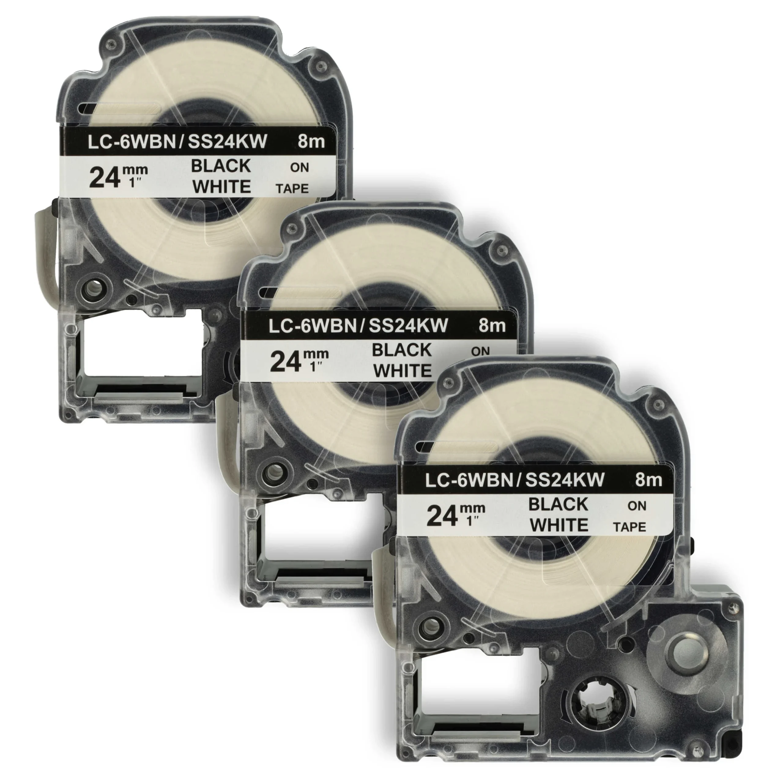3x Cassettes à ruban remplacent Epson LC-6WBN - 24mm lettrage Noir ruban Blanc, plastique