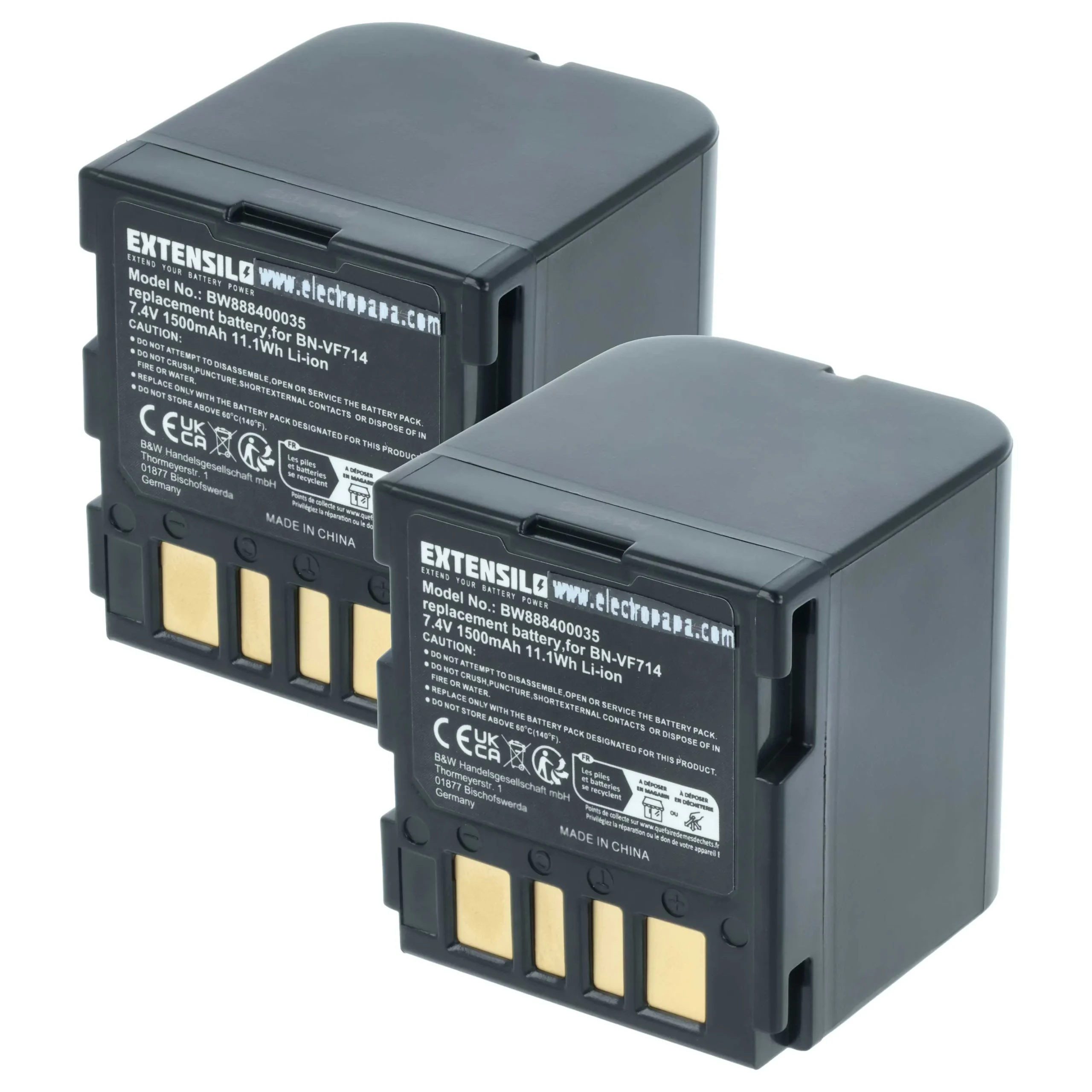 2x Batteries remplace JVC BN-VF707U, BN-VF714, BN-VF707 pour appareil photo JVC- 1500mAh 7,4V Li-ion