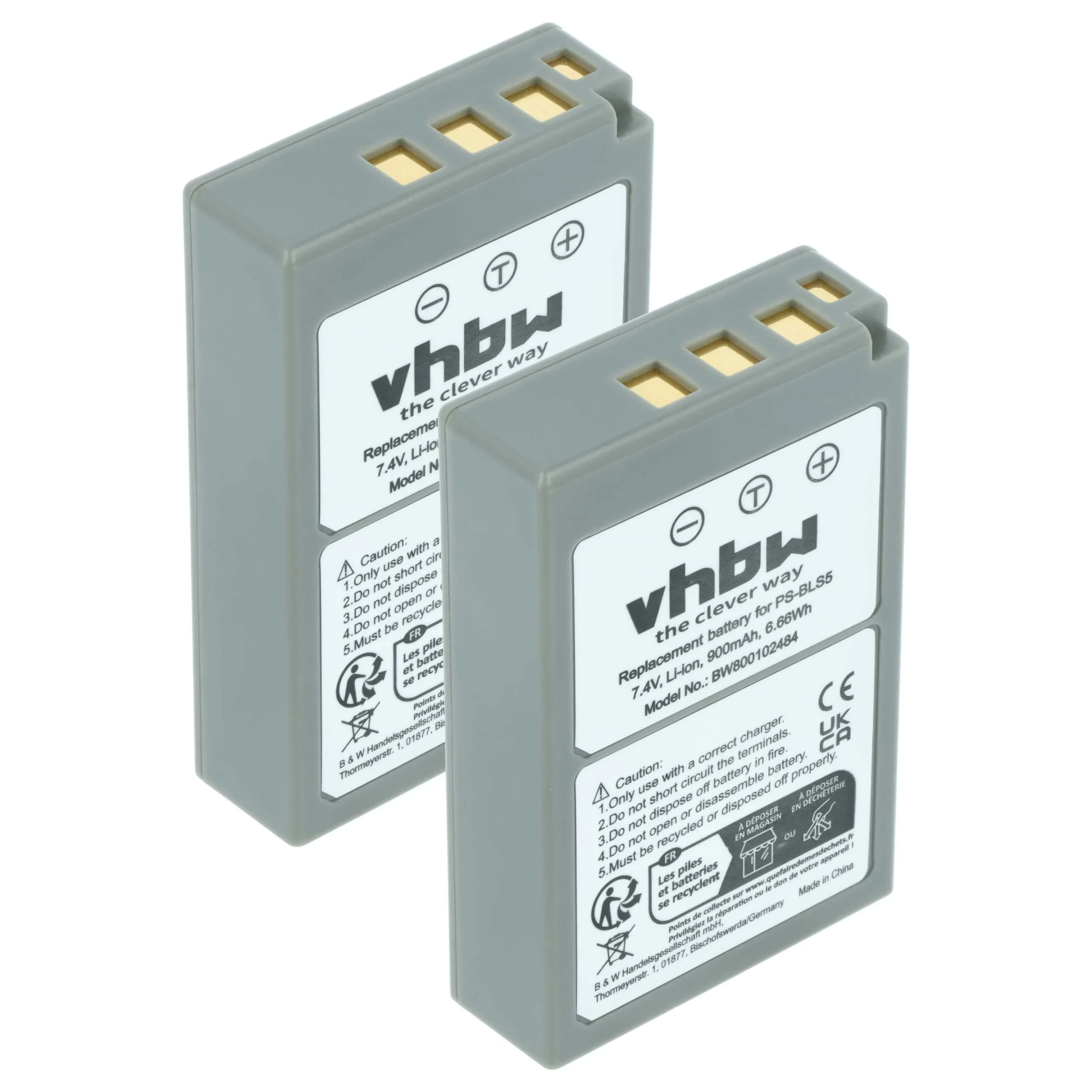 2x Batteries remplace Olympus PS-BLS5, BLS50, BLS-5, BLS-50 pour appareil photo OM System- 900mAh 7,2V Li-ion