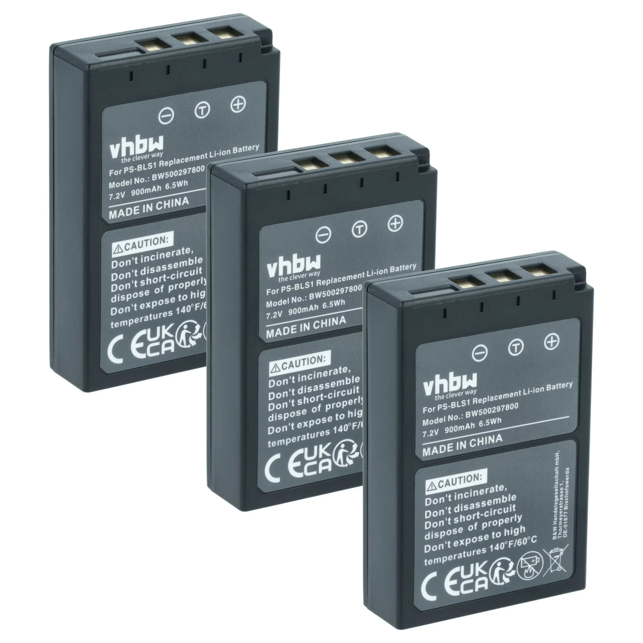 3x Batteries remplace Olympus PS-BLS1 pour appareil photo Olympus- 900mAh 7,2V Li-ion
