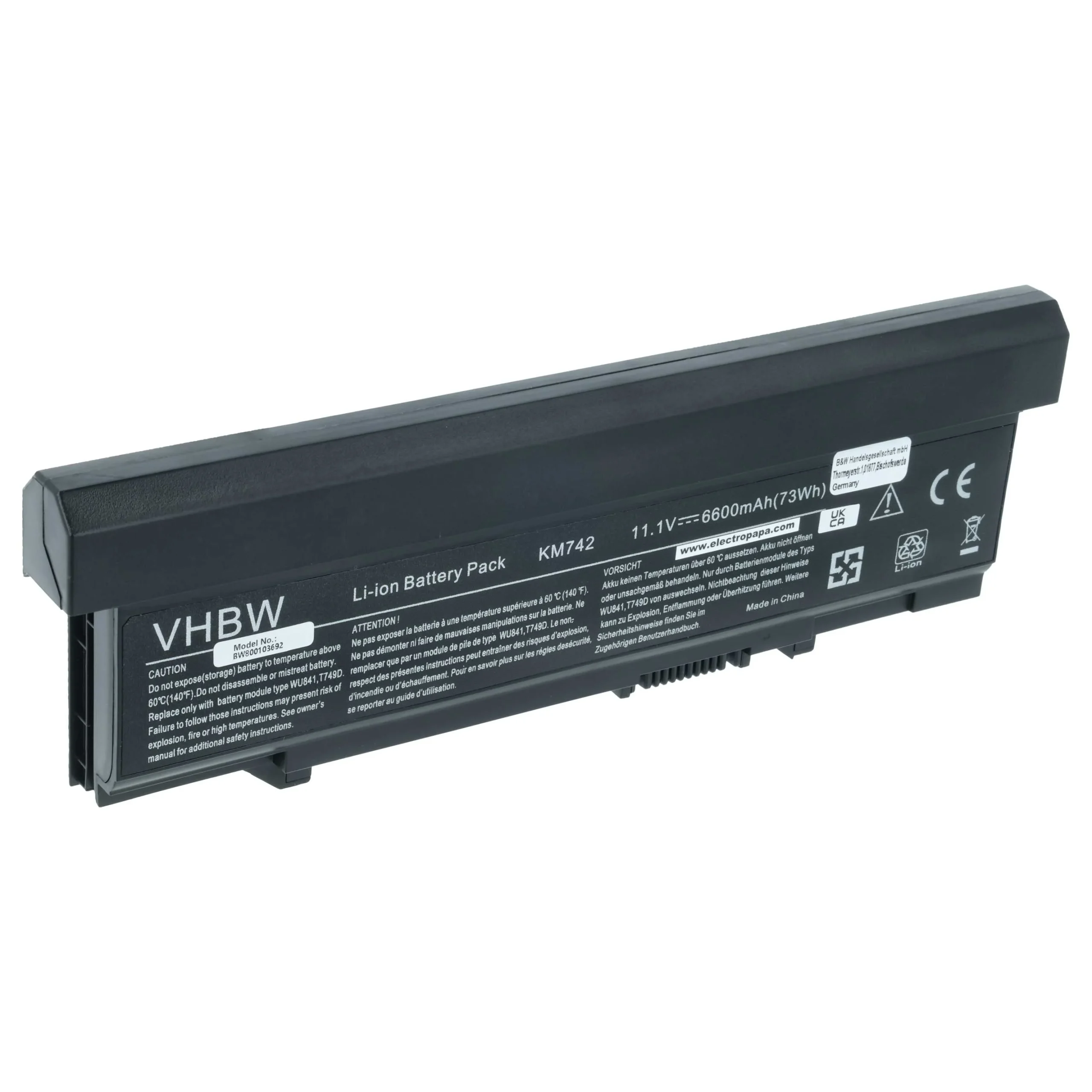 Batterie remplace Dell 312-0762, 312-0769, 451-10616 pour ordinateur portable Dell- 6600mAh 11,1V Li-ion, noir