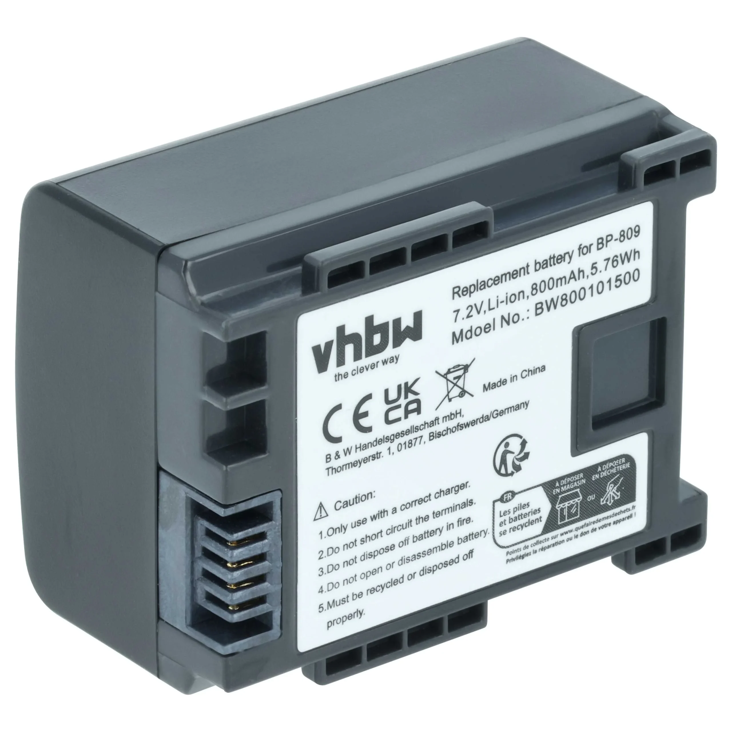 Batterie remplace Canon BP-807, BP-809, 2740B002 pour caméscope Canon- 800mAh 7,2V Li-ion avec puce