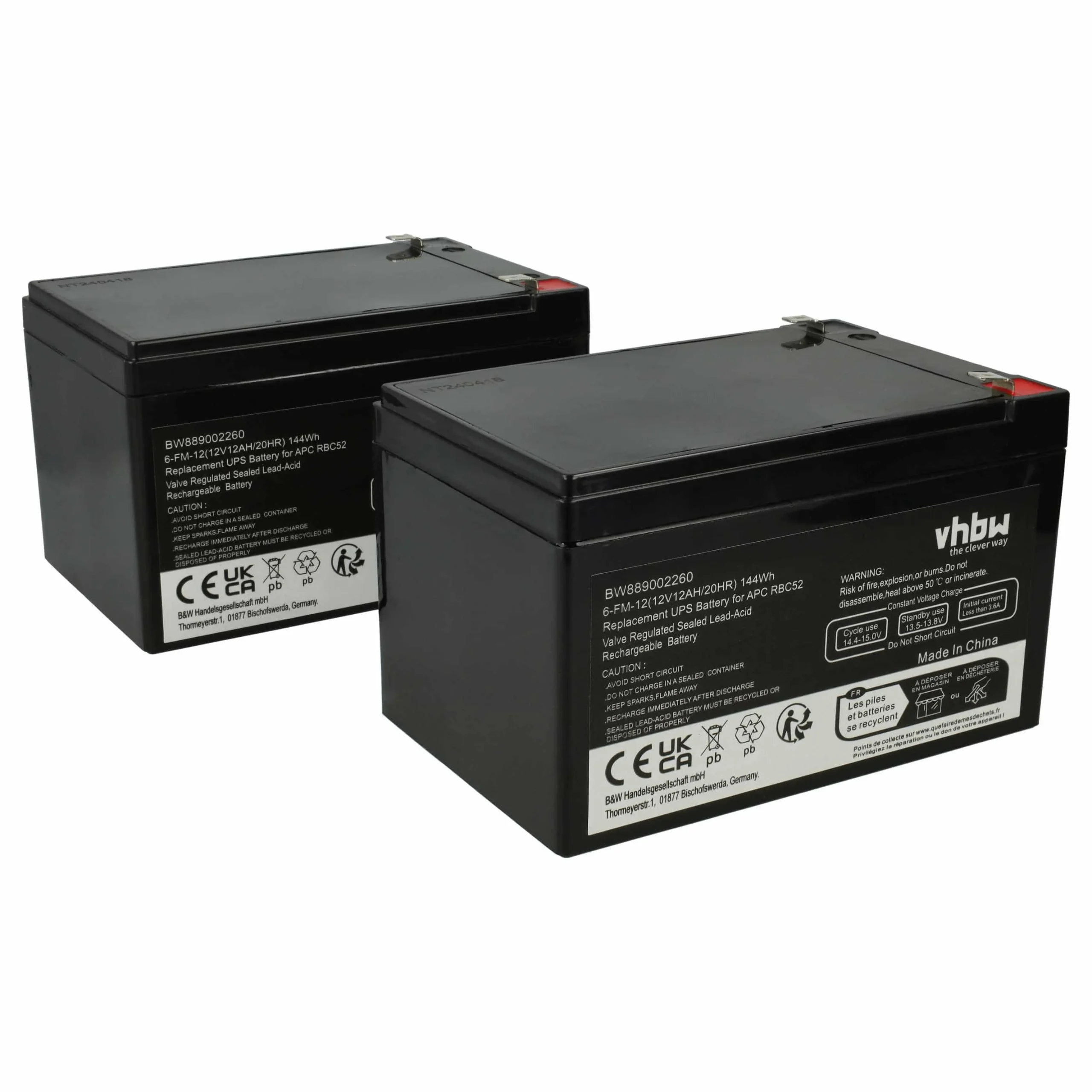 Batterie (2 pcs.) remplace APC AGM07, RBC52 ASI - 12000mAh 12V AGM