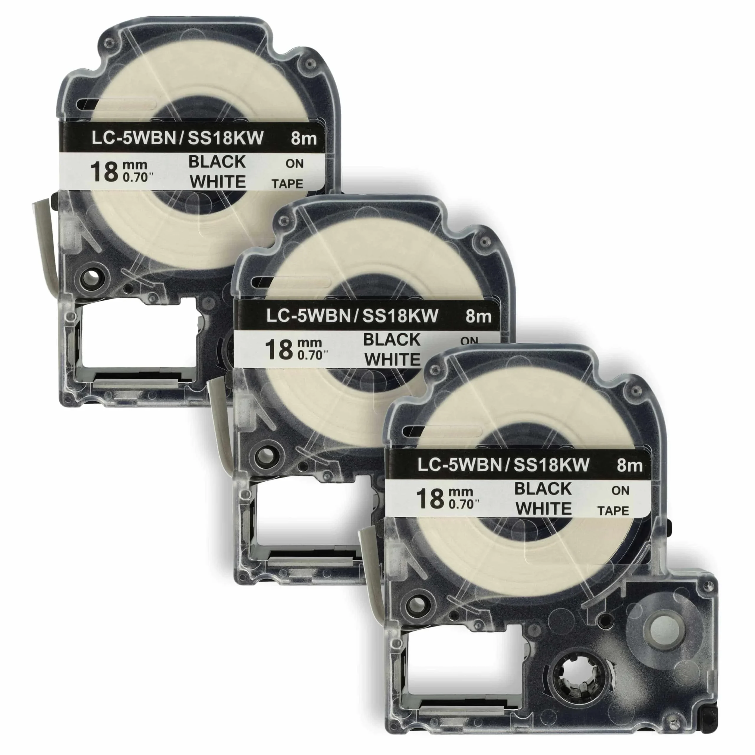 3x Cassettes à ruban remplacent Epson SS18KW, LC-5WBN - 18mm lettrage Noir ruban Blanc, plastique