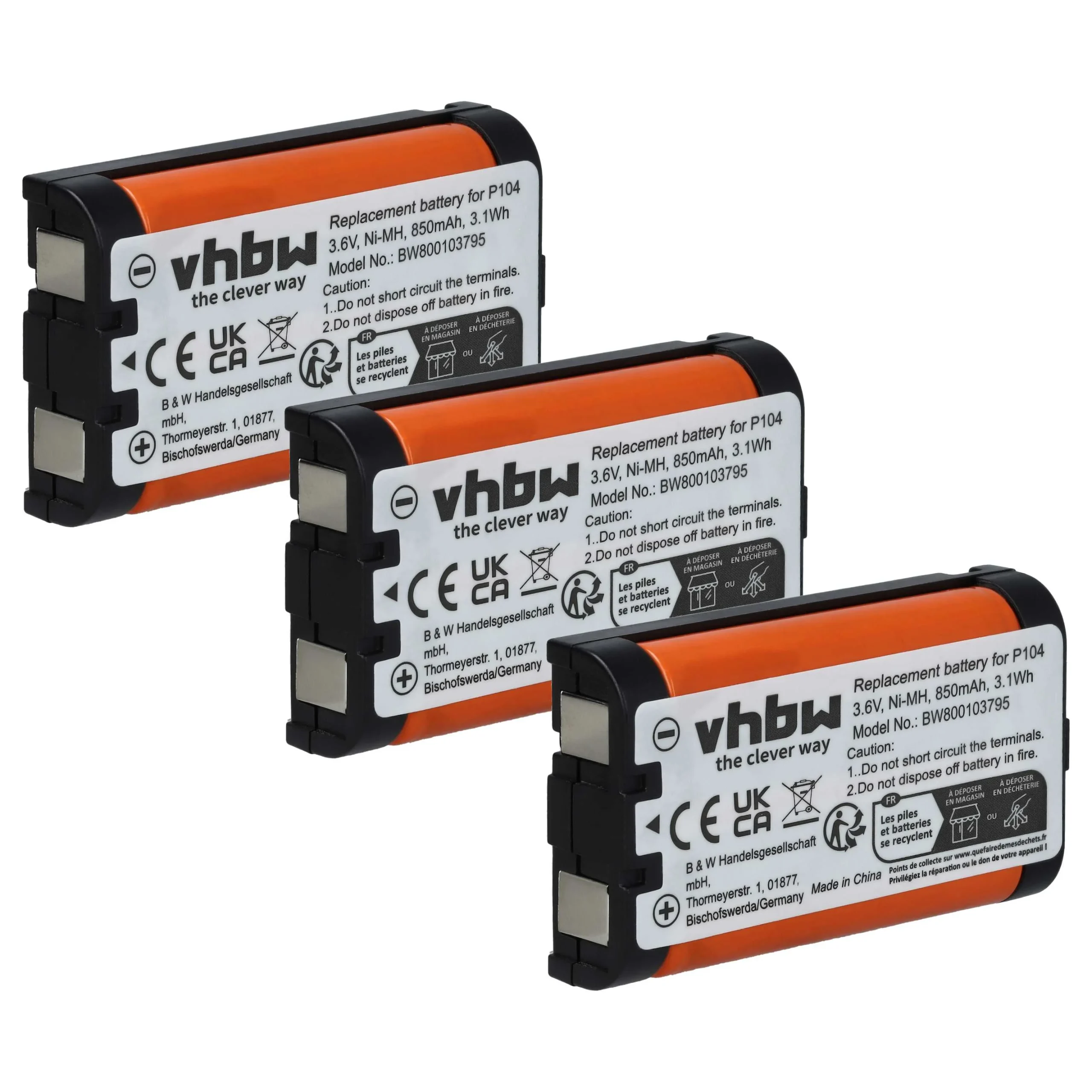 3x Batteries remplace 23-968, 43-9024, 43-9025, 43-9026, 43-9030 pour téléphone Panasonic - 850mAh 3,6V NiMH