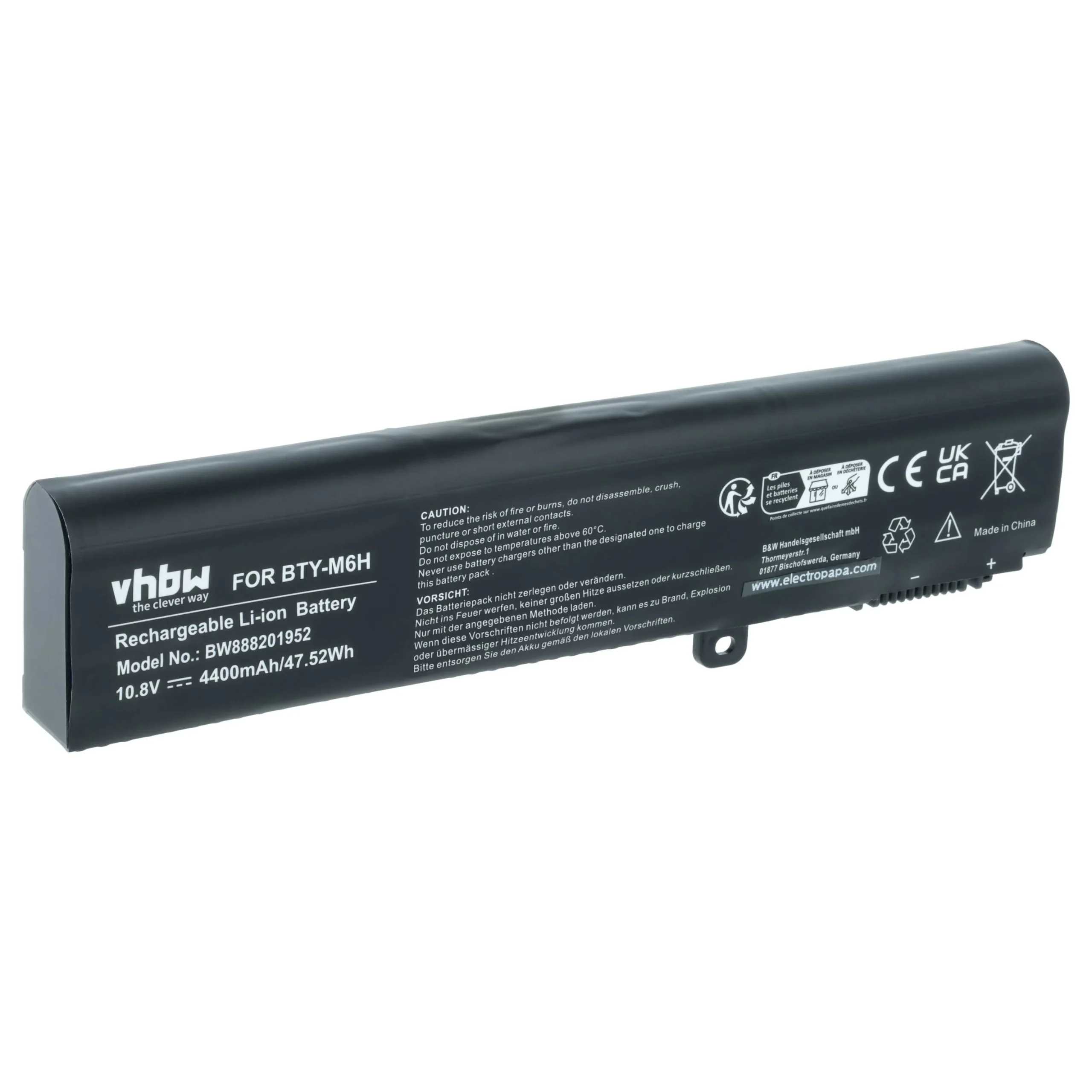 Batterie remplace MSI 3ICR19/66-2, BTY-M6H pour ordinateur portable MSI- 4400mAh 10,8V Li-ion